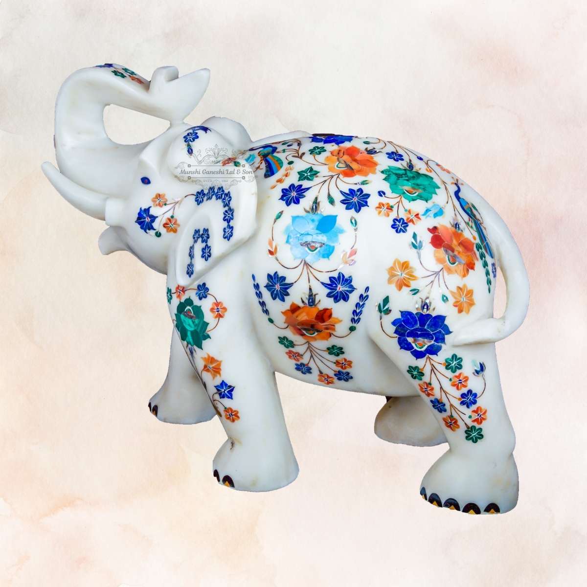 Sky Blue-Blue & Orange Colour Designed Marble Elephant